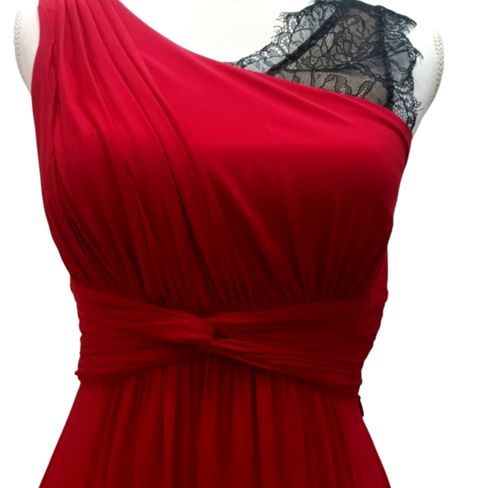 BCBG Maxazria Quenby Red Maxi gown with rouching and black lace. XS - Picture 3 of 10